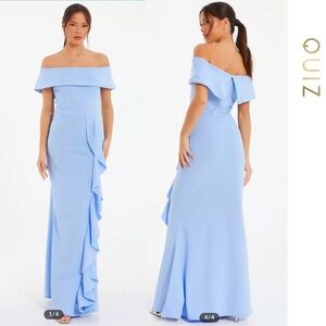 Quiz - Light Blue Frill Design Bardot Neck Off-Shoulder Maxi Dress Size 14